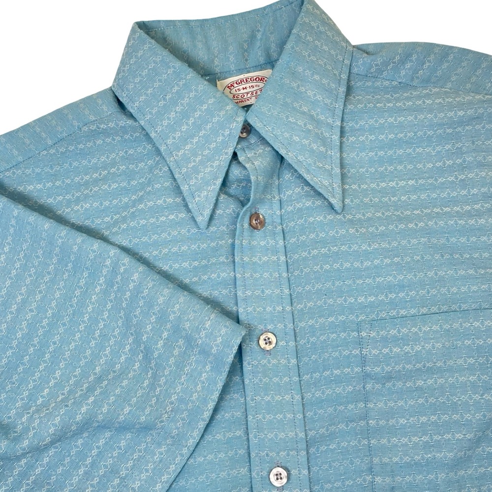 Vintage McGregor Scotset Camp Shirt Mens M Blue Textured Dagger Collar 70s Retro